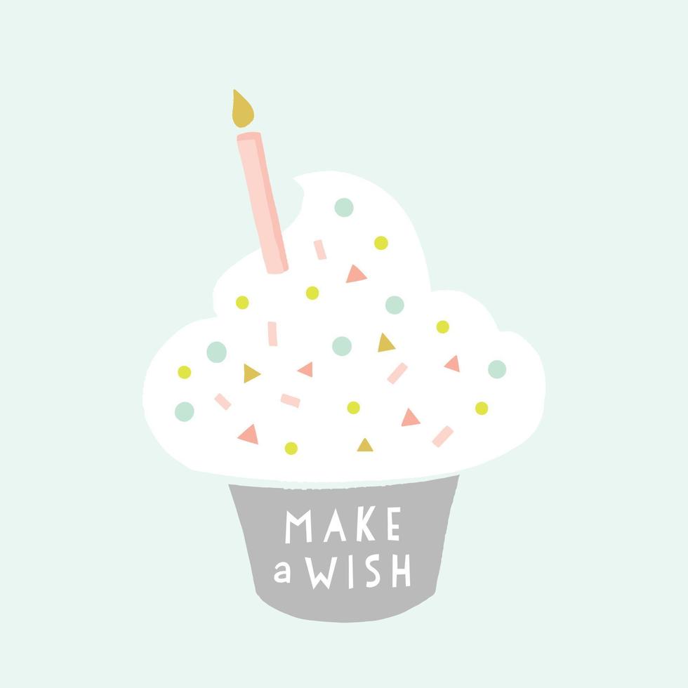 Birthday greeting card. Cupcake with a candle and sprinkles in pastel colors. Make a wish. First birthday vector poster. Cute illustration.