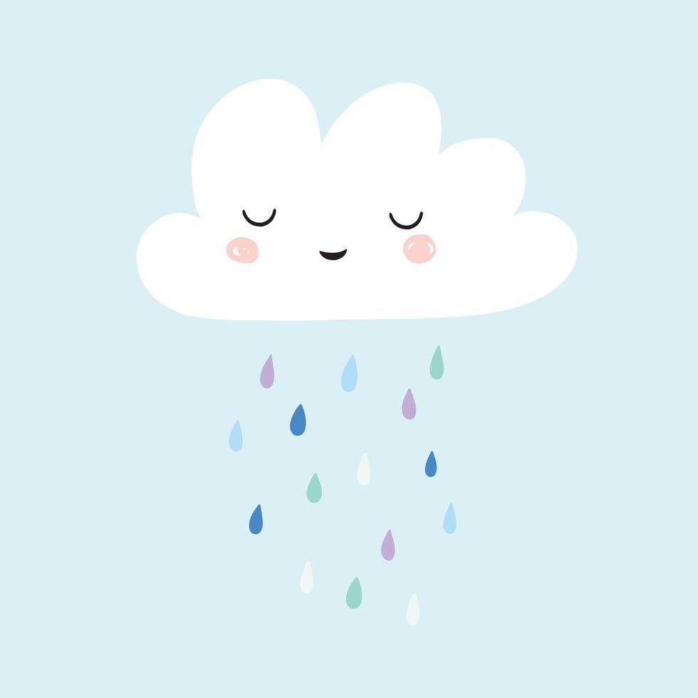 Cute smiling rain cloud with rain drops in shades of blue. Nursery art for boys. Card design for baby shower. vector