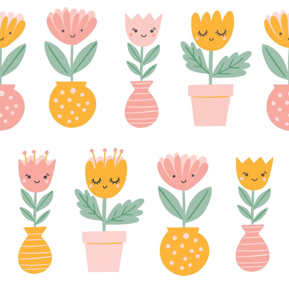 Spring vector pattern with cute flowers in vases and pots. Funny smiling flowers with faces seamless background. Home plants.