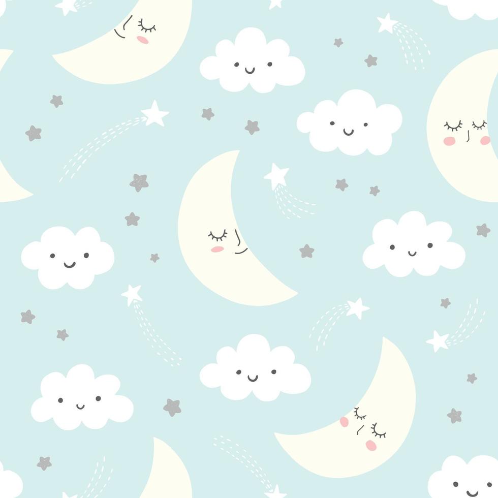 Night sky vector pattern with smiling moon, stars and clouds. Hand drawn cute night sky seamless design on a blue background.