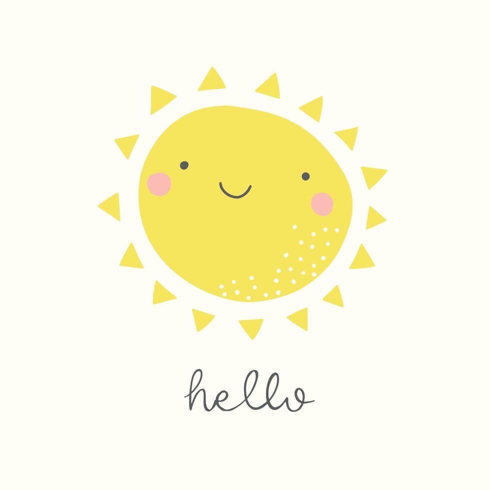 Cute sun saying hello. Vector funny childish illustration. Whimsical nursery art. Summer smiling character.