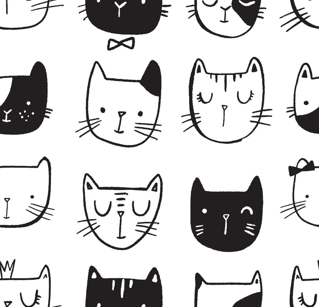 Cat vector seamless pattern in hand drawn style. Doodle smiling cat faces illustration. Print design for children.