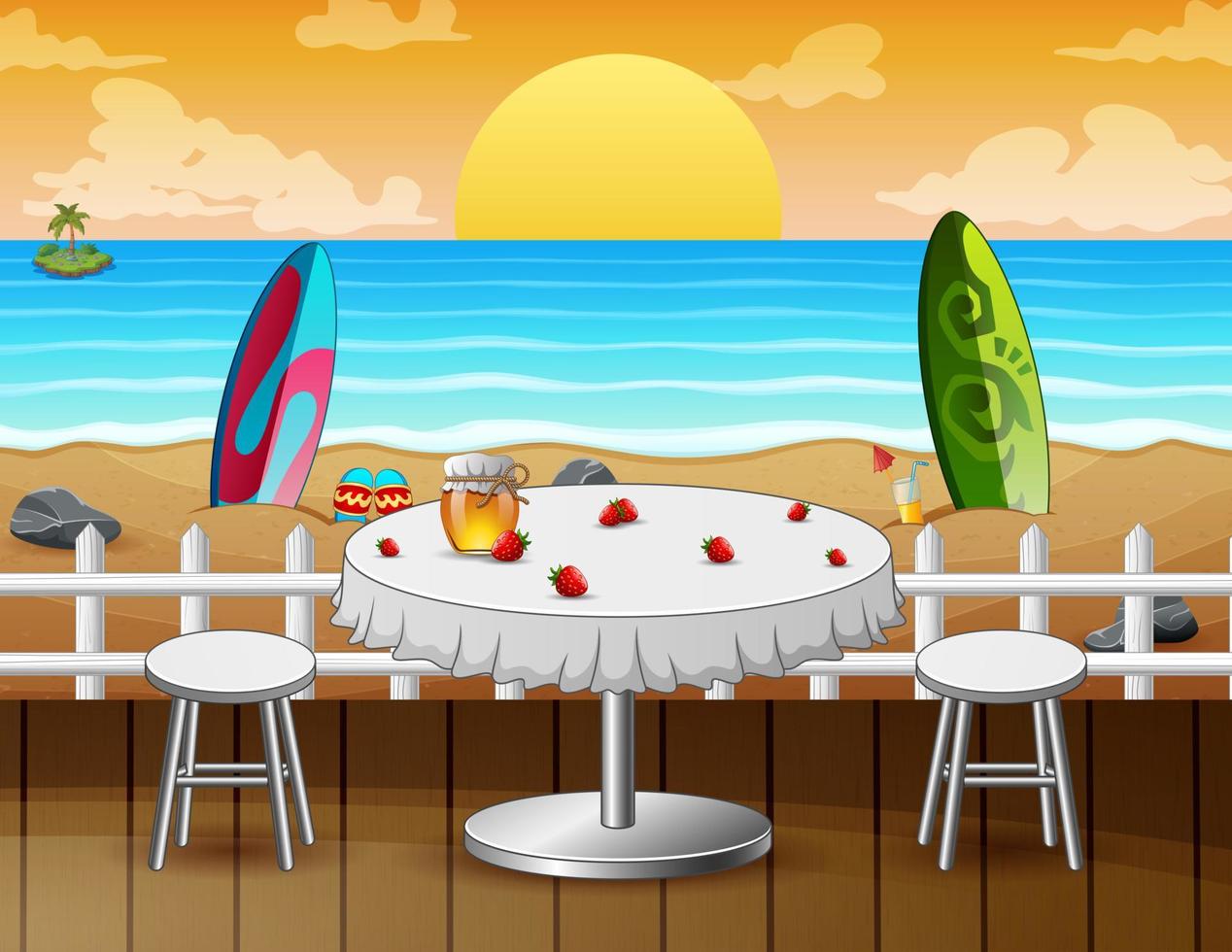 mesa en la playa para una cita romántica en el fondo del paisaje marino vector