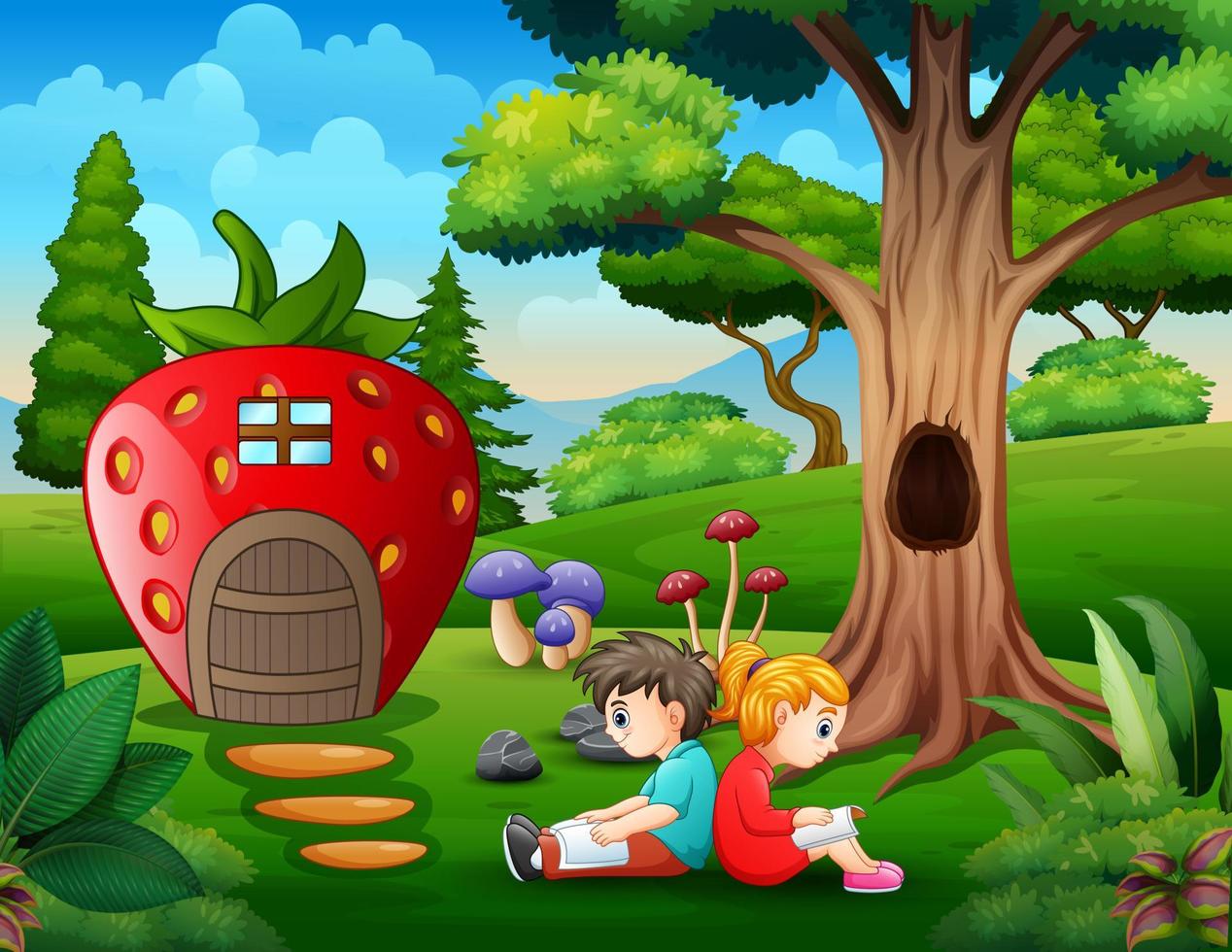 Park scene with two kids reading a book in front the strawberry house vector