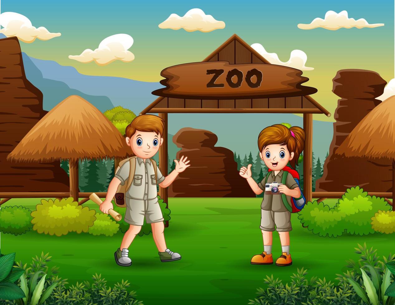 el niño y la niña cuidadores del zoológico en la ilustración del zoológico vector