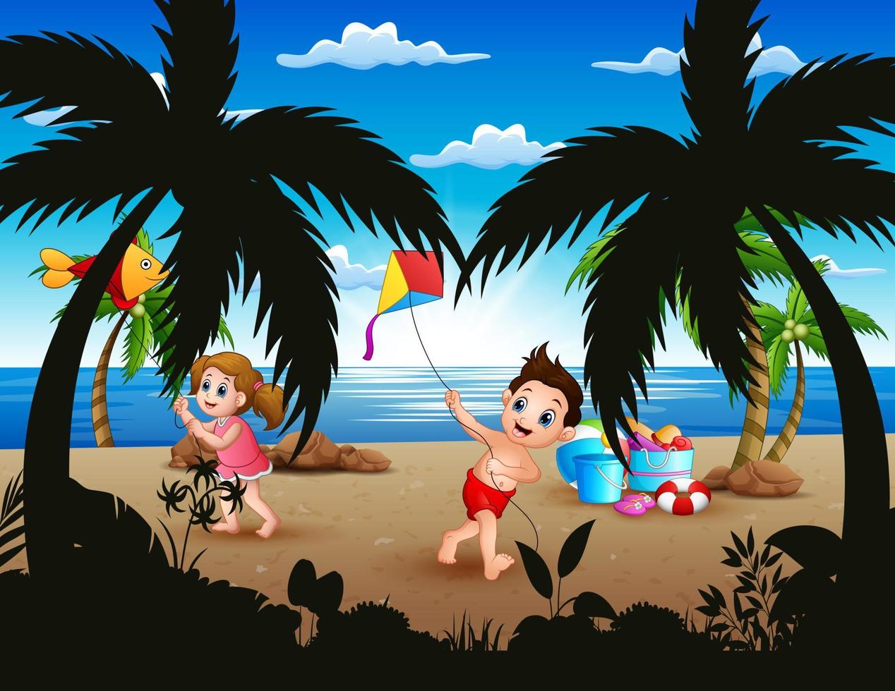 Cartoon of little children playing with kites on the beach vector