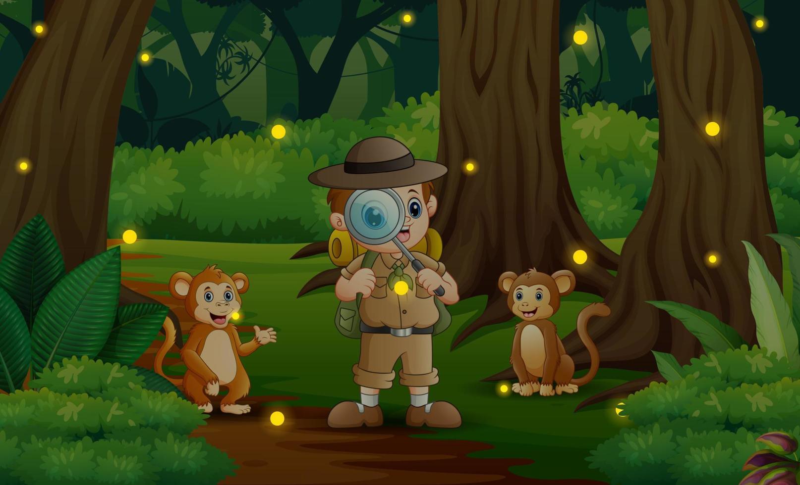 caricatura del niño safari y los monos en la jungla vector