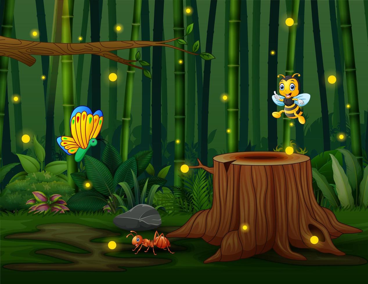 A bamboo forest background with insects and fireflies vector