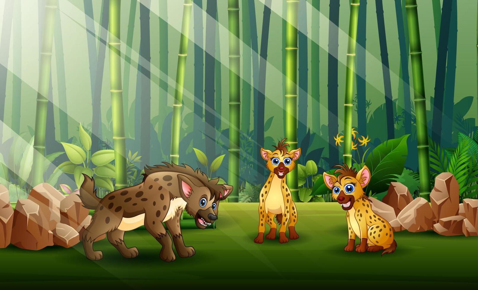 Cartoon of three hyenas in the bamboo forest illustration vector