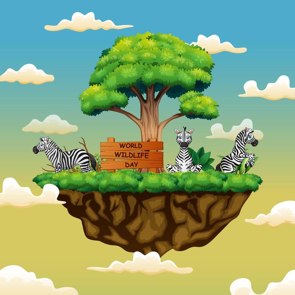 World Wildlife Day with the three zebras on island vector