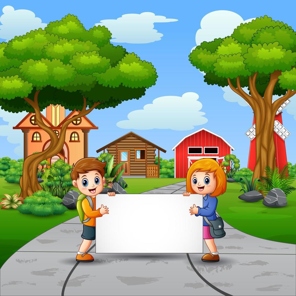 Two kids holding blank sign in the countryside background vector