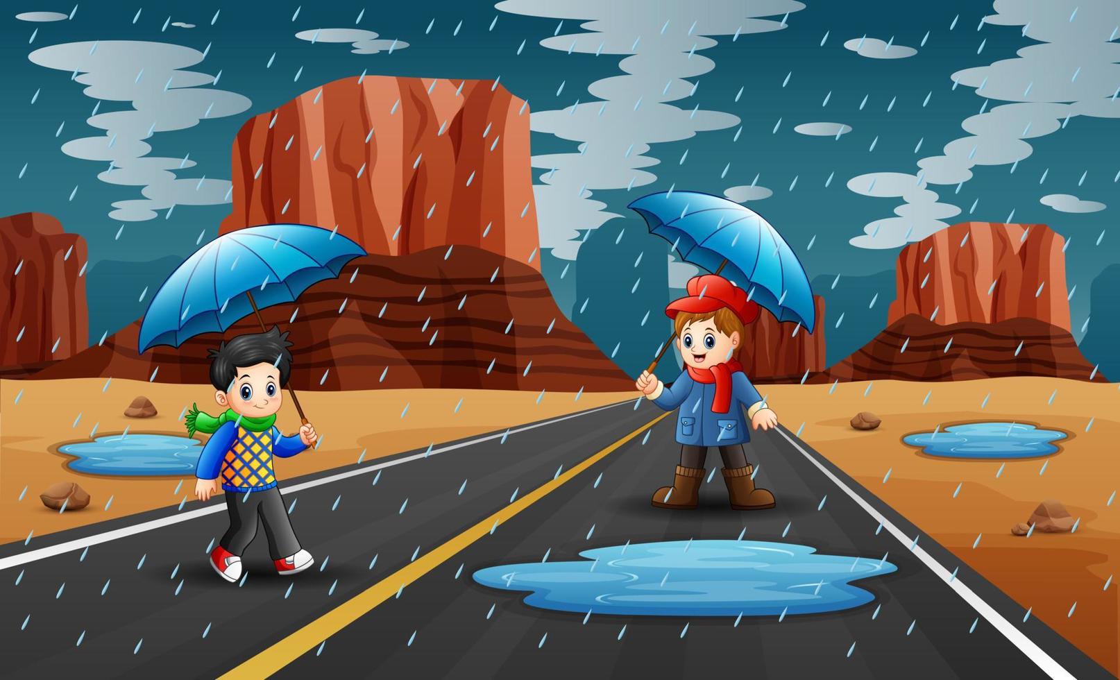 Happy boys holding umbrella in raining on the road vector