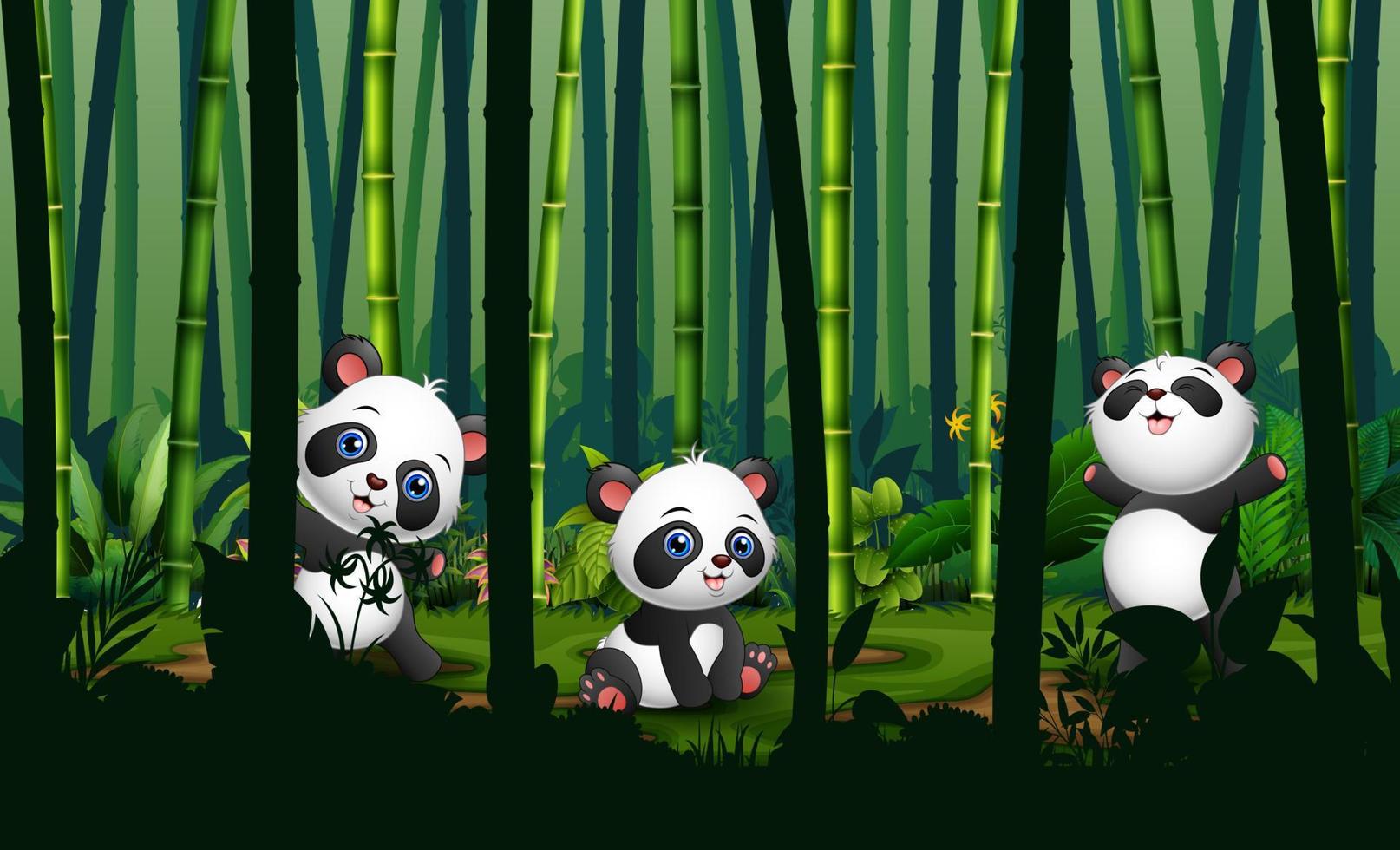 lindo tres de pandas en el bosque de bambú vector