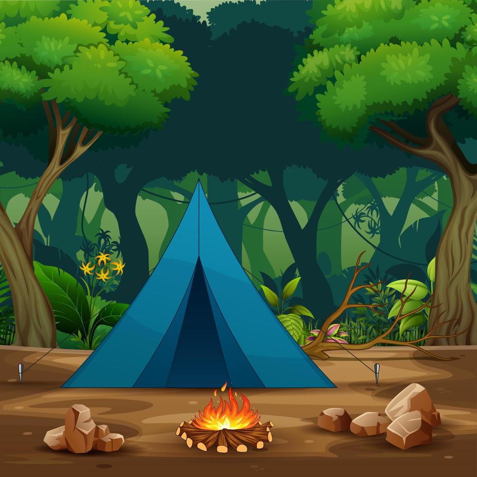 A blue tent with bonfire on forest background vector