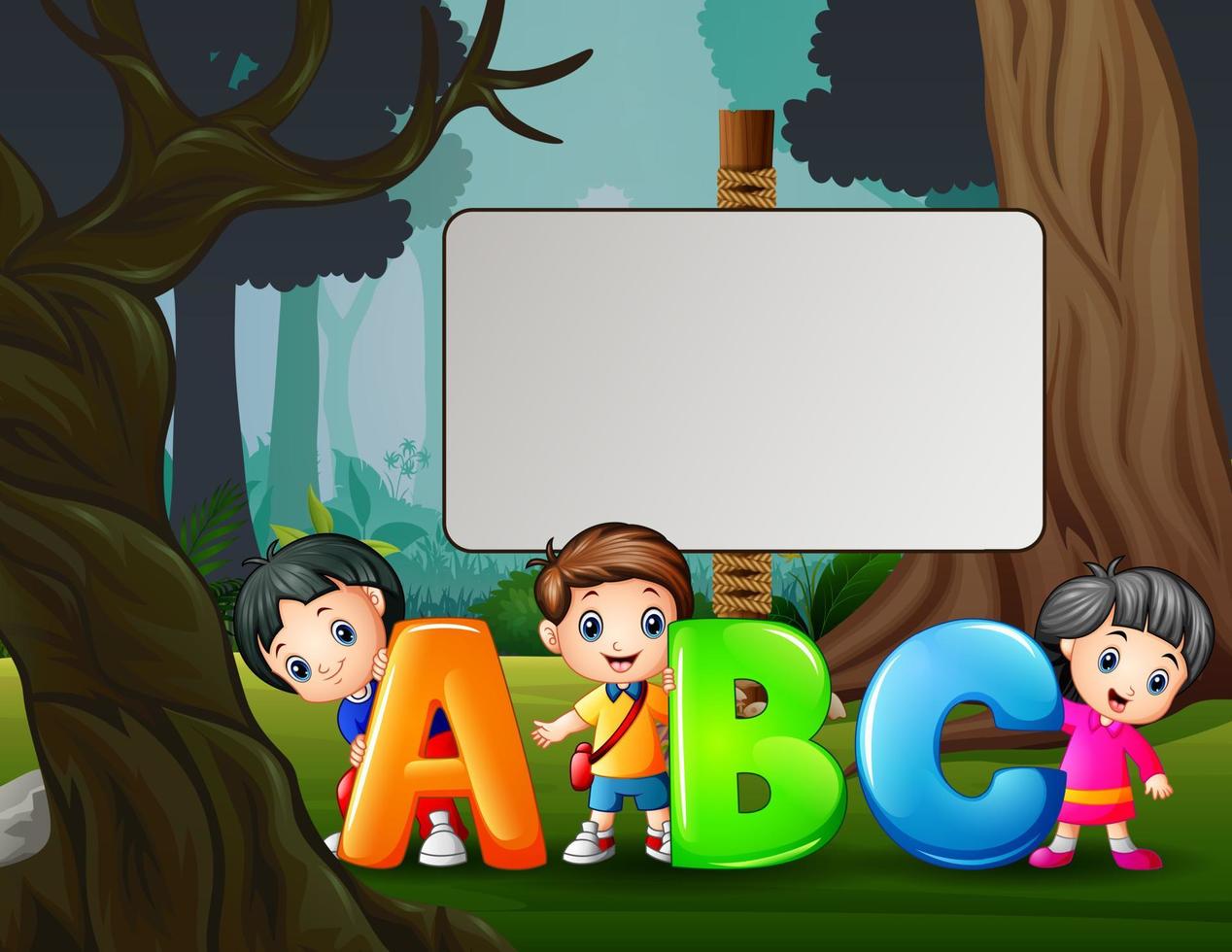 niños felices de dibujos animados con letra abc en el parque vector