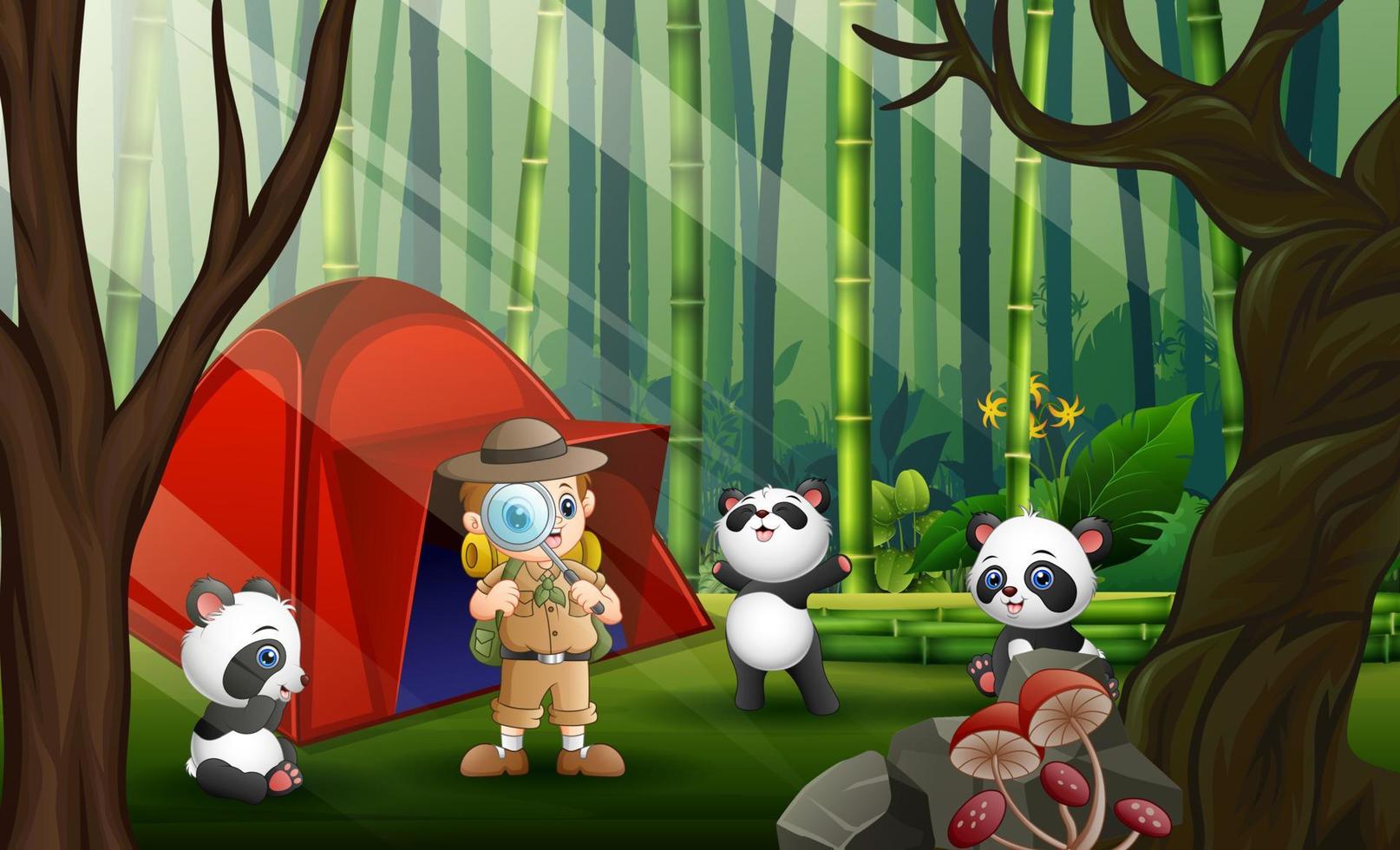 un chico de safari y tres pandas en el bosque de bambú vector