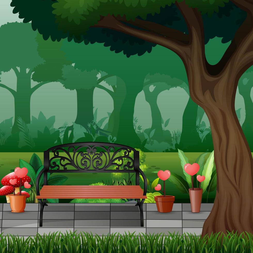 Wooden bench under the big tree in park vector