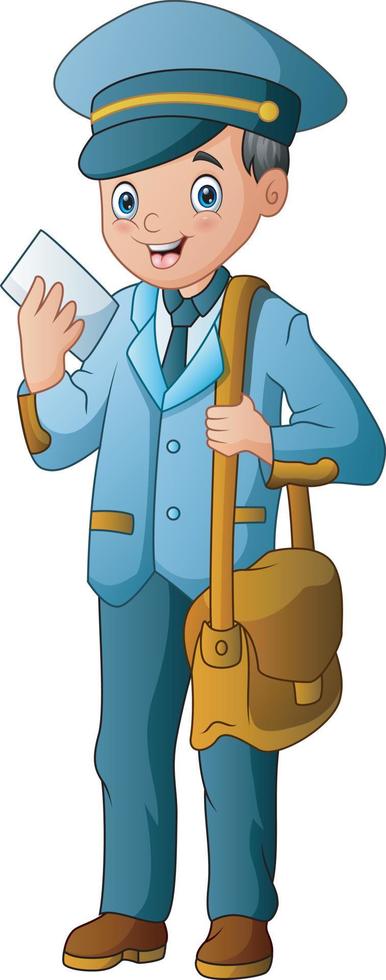 Cartoon postman holding mail and bag vector