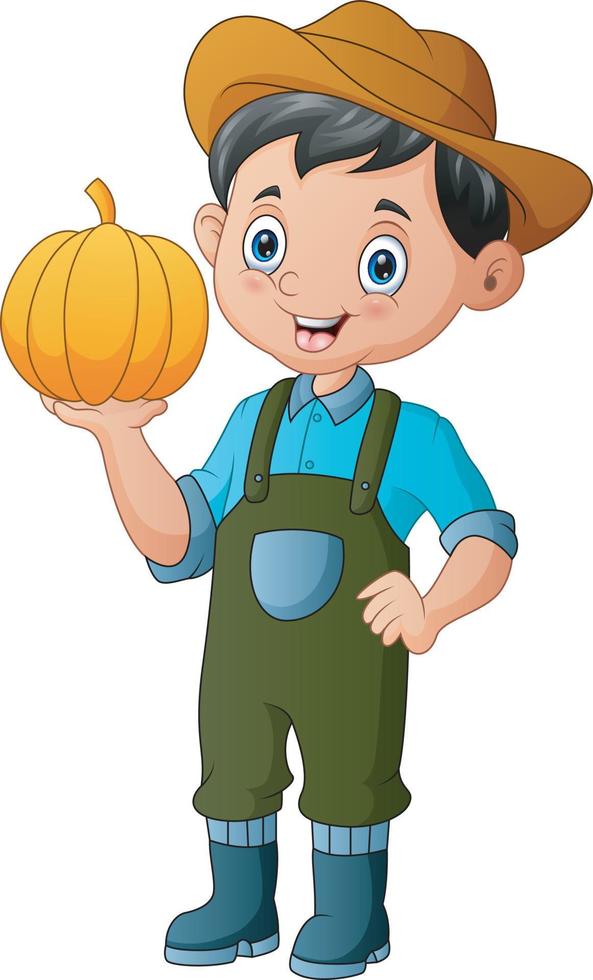 Cheerful farmer man holding a pumpkin vector