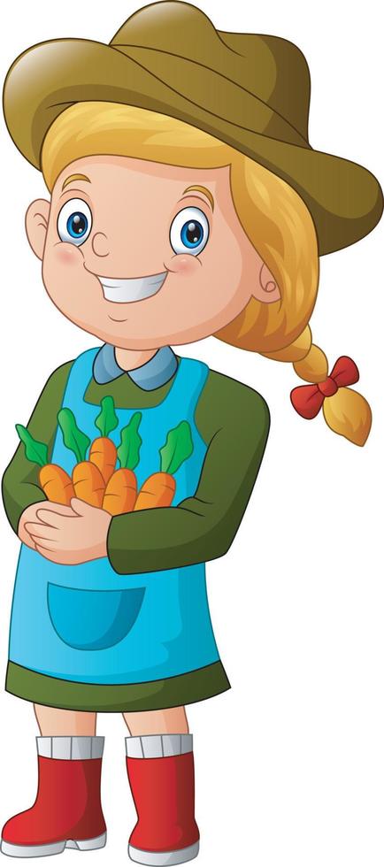 niña granjera sonriente sosteniendo una ilustración de zanahorias vector