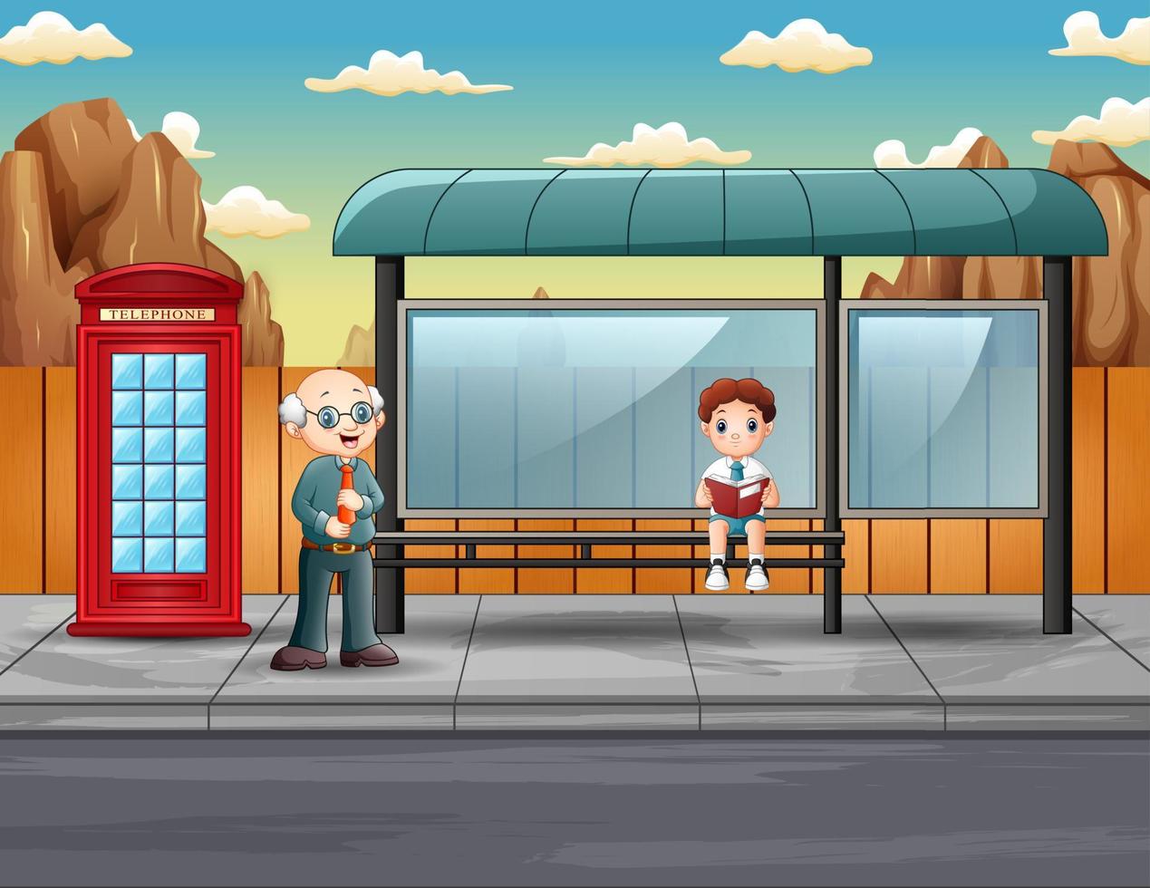 ilustración de un escolar y su profesor en la parada de autobús vector