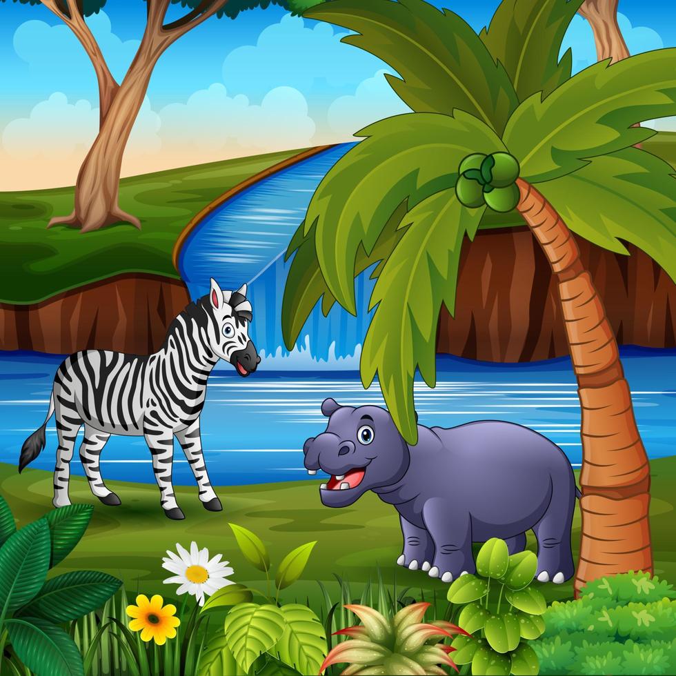 Cute the animals enjoying nature by the river vector