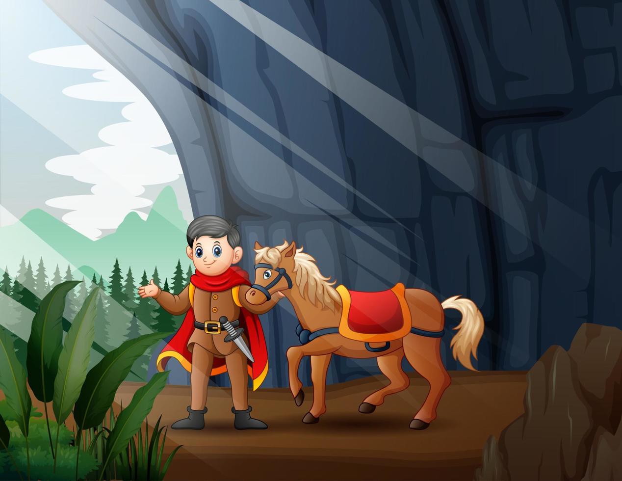 ilustración de un príncipe y su caballo en la entrada de la cueva vector