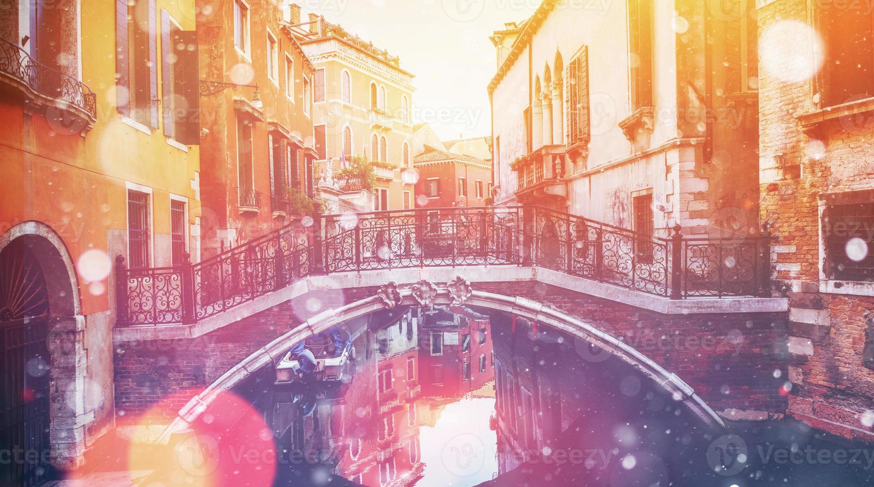 Canal with gondolas in Venice, Italy. Photo greeting card. Bokeh