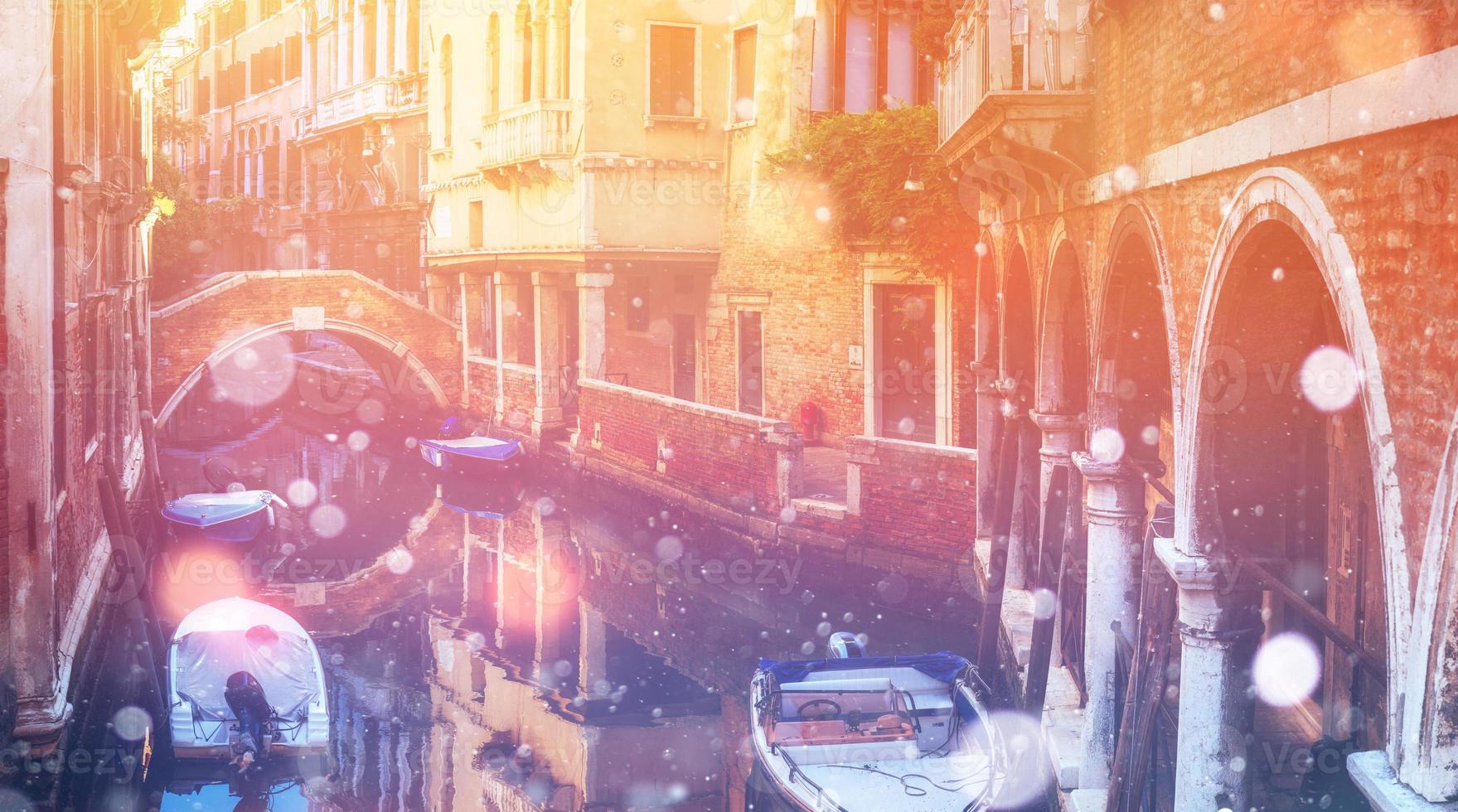 Canal in Venice, Italy. Photo greeting card. Bokeh light effect,