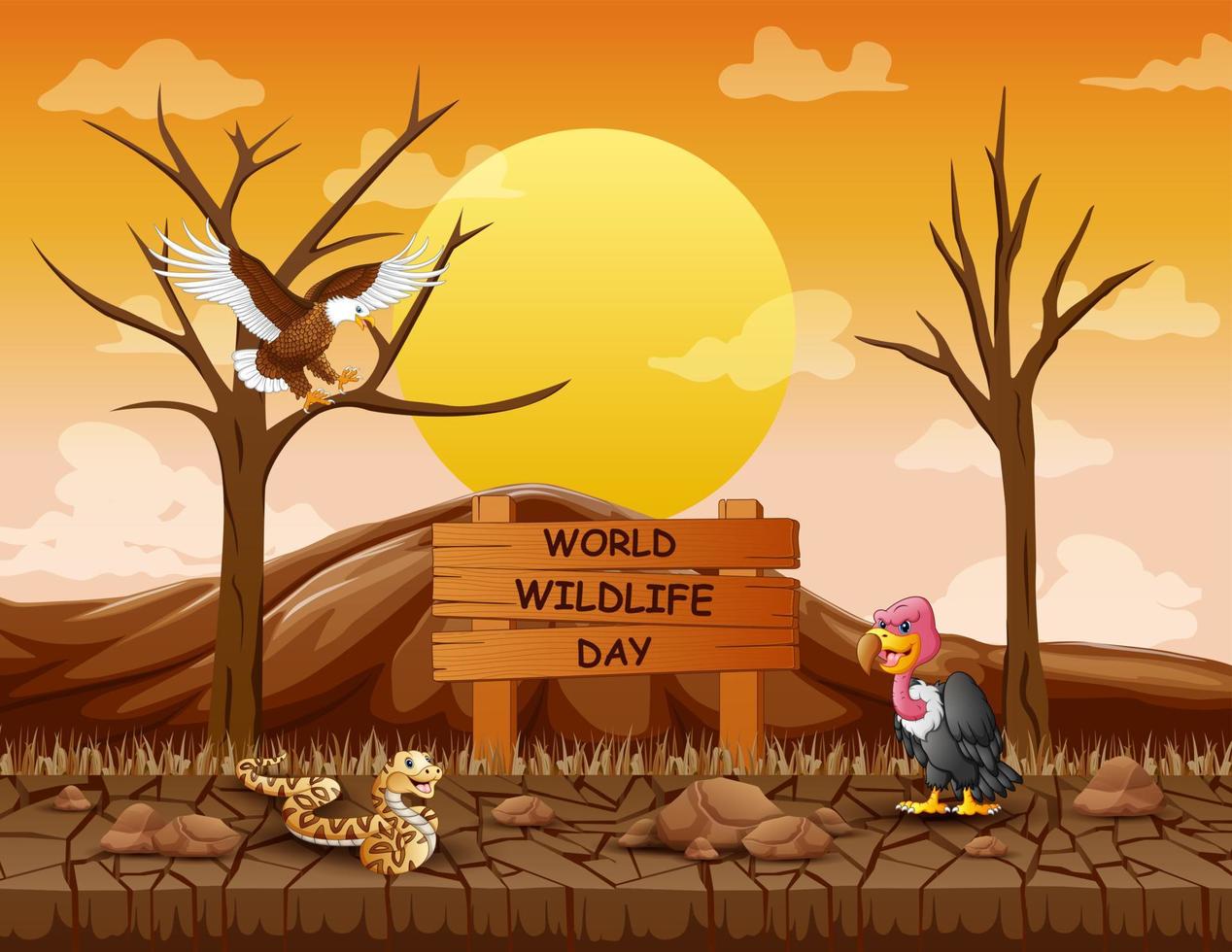 World Wildlife Day sign with animals in the dry forest vector
