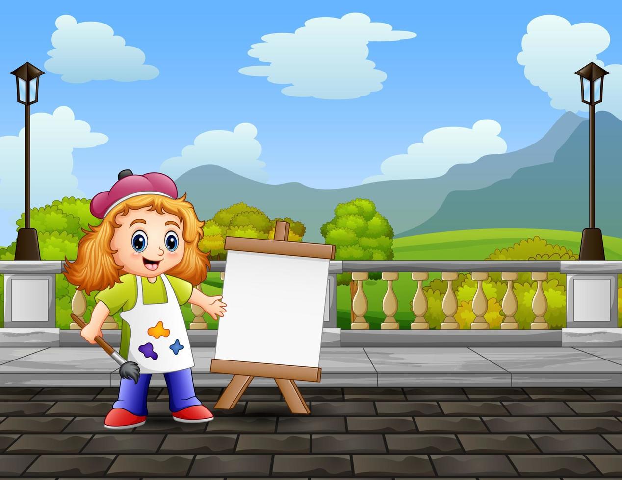 niñas felices pintan paisajes en un lienzo vector