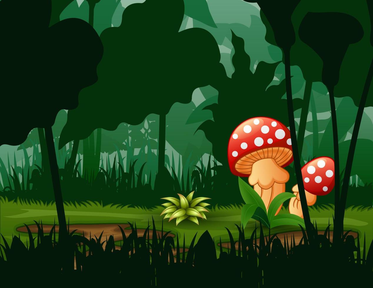 Illustration of the giant mushrooms in the forest vector