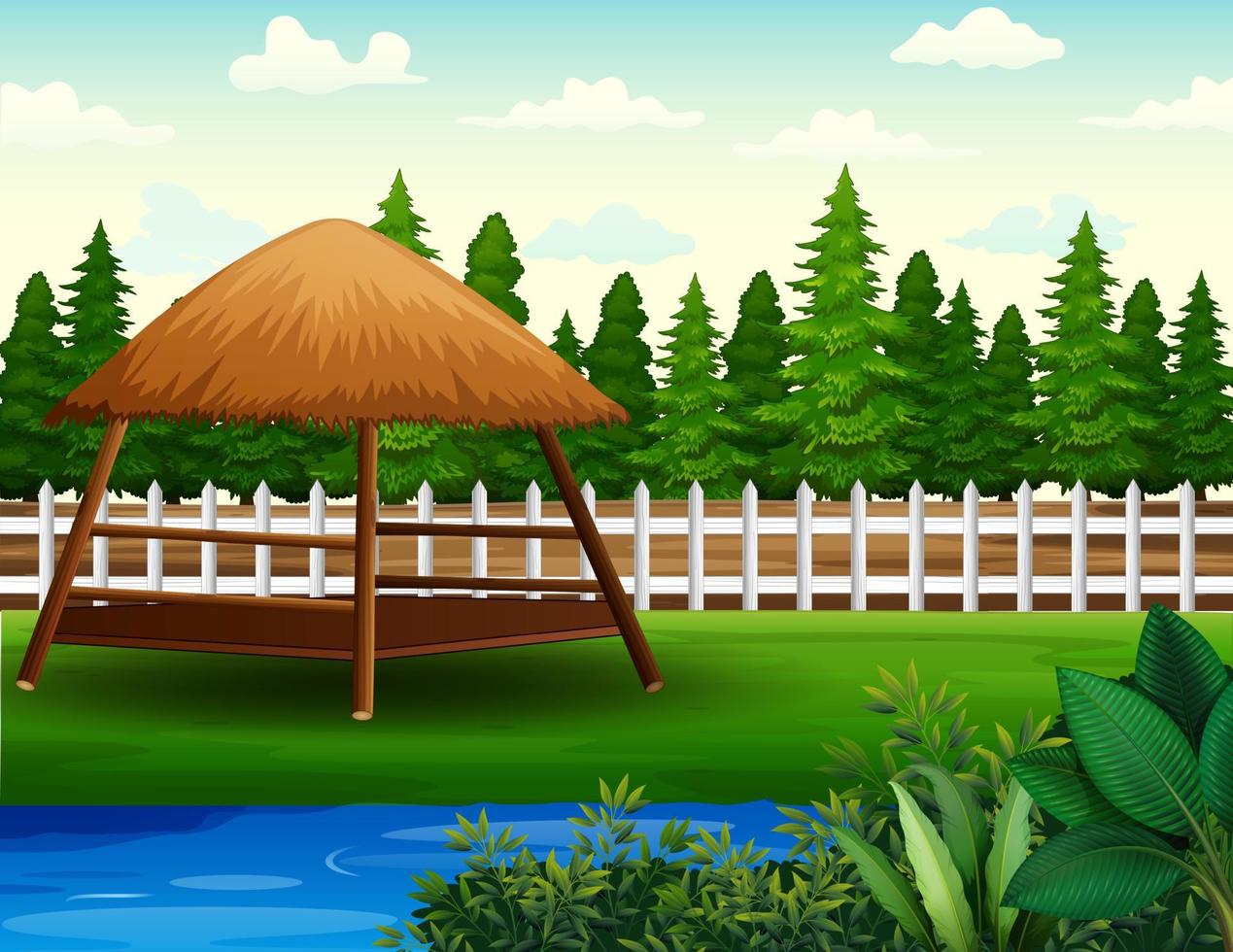 Background of a gazebo and small pond in the backyard vector