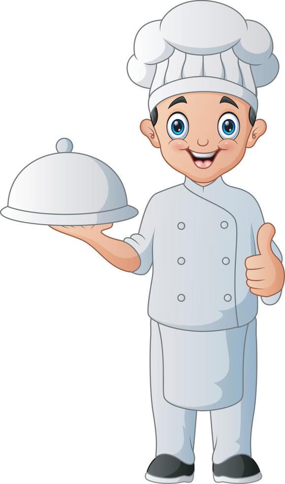 un chef feliz de dibujos animados sosteniendo un plato vector