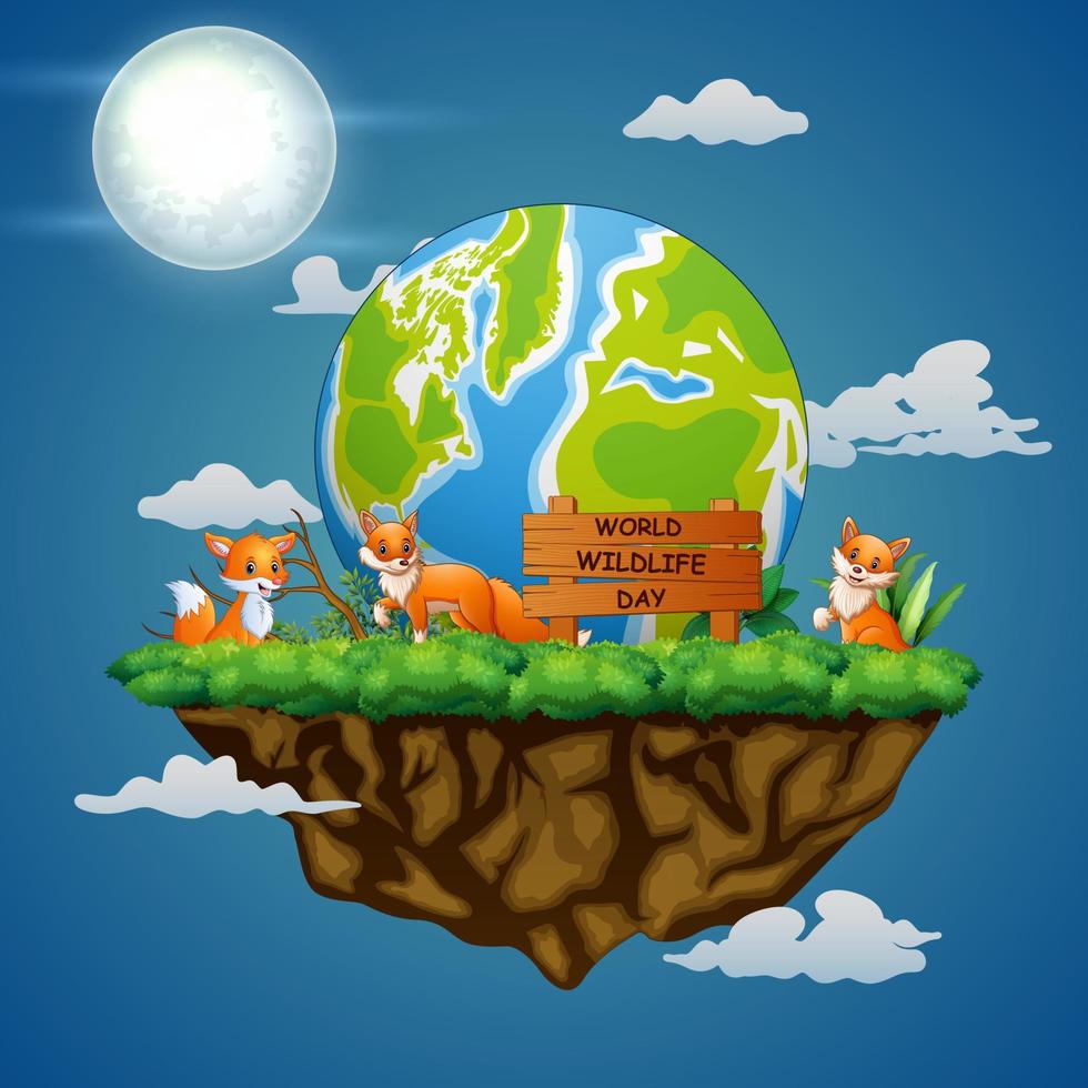World Wildlife Day sign with three foxes at night landscape vector