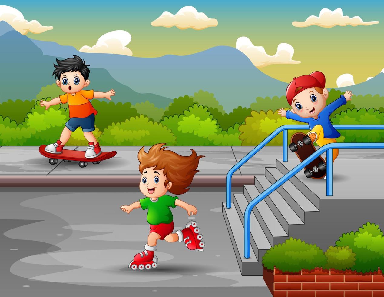 Happy boys ride using rollerblades and skateboard vector