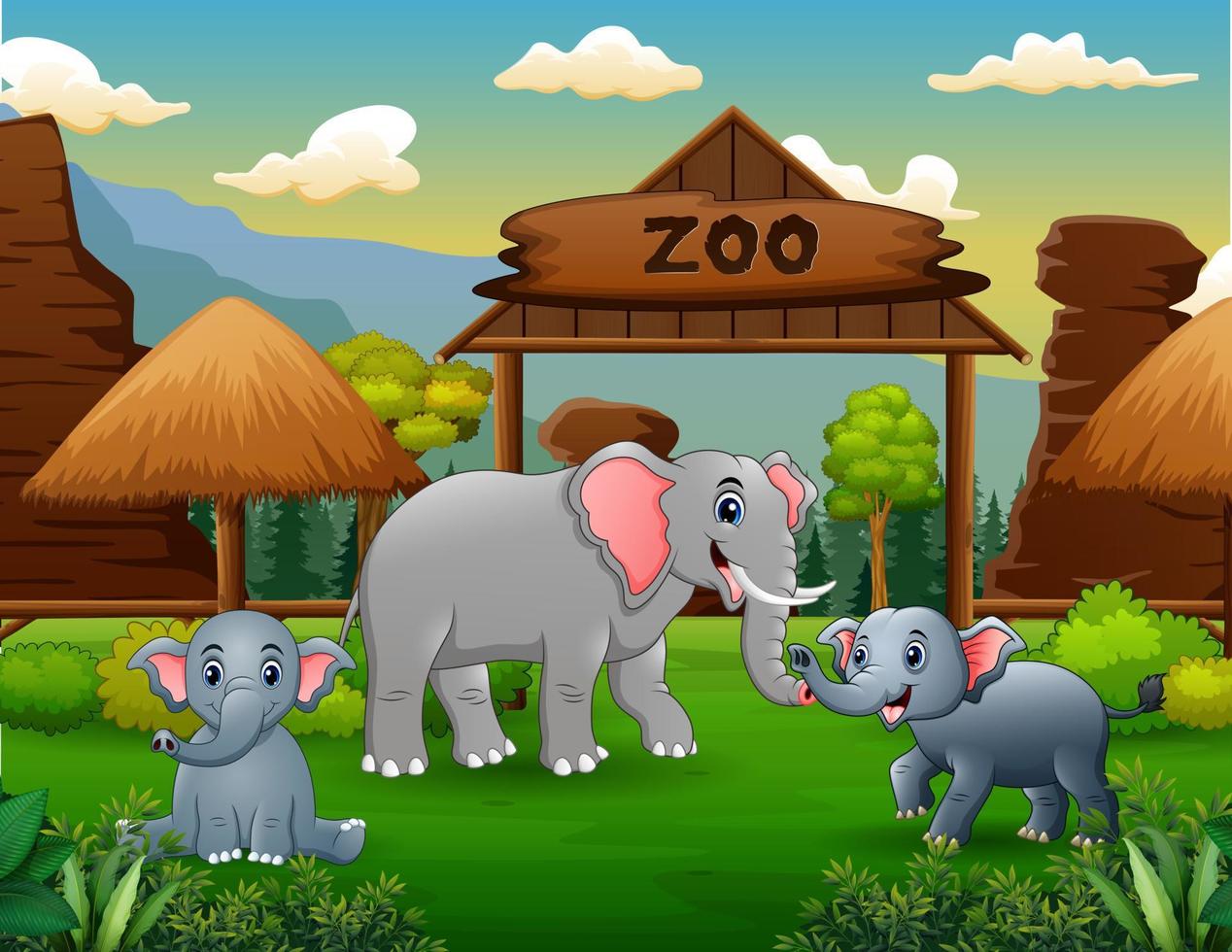 caricatura de una madre elefante con su cachorro en el zoológico abierto vector