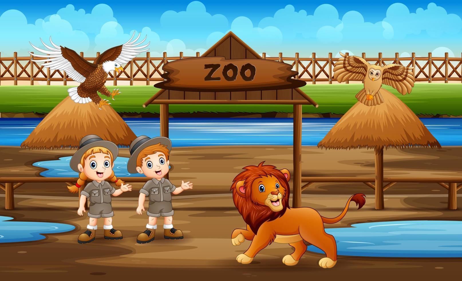 Cute the zookeeper kids with animals in the zoo park vector