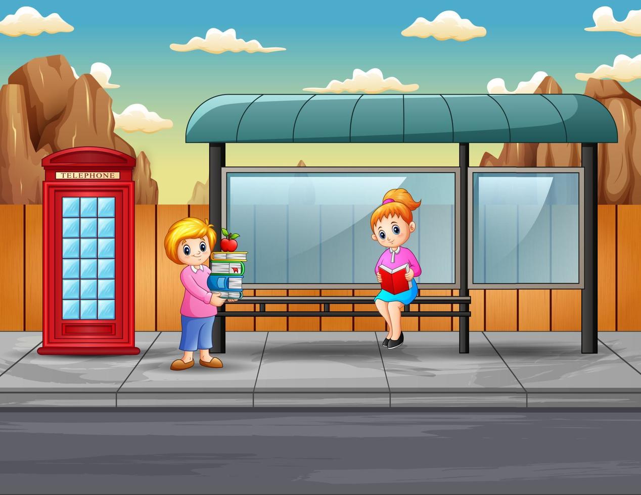 Cartoon two women holding books at the bus stop vector