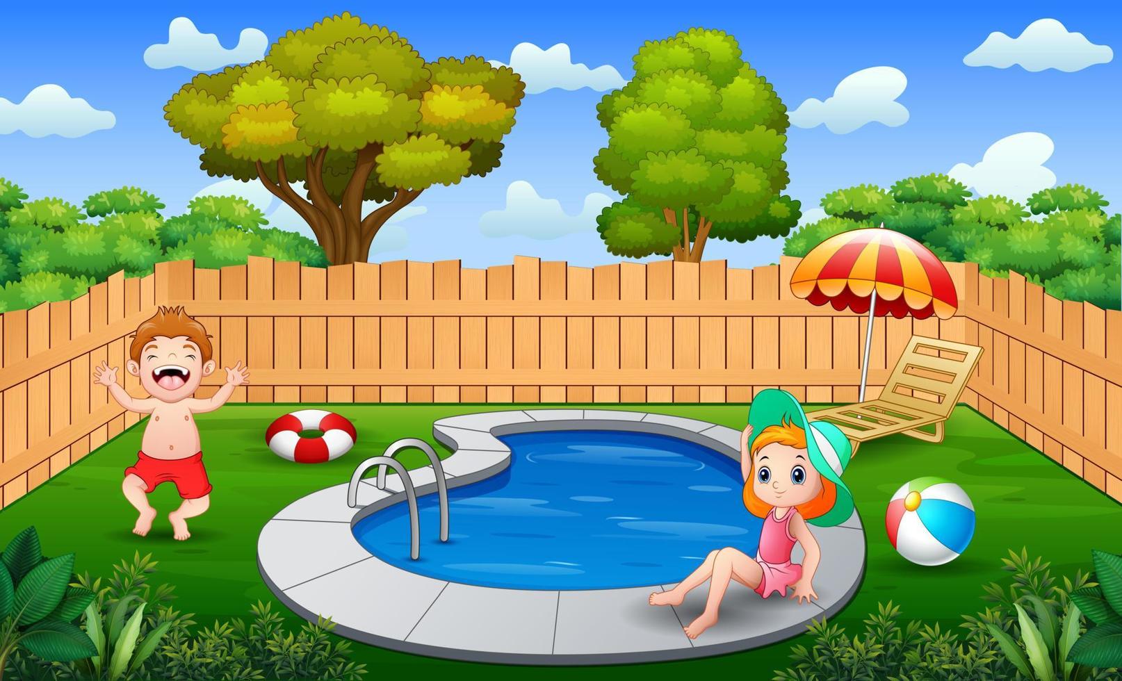 niña y niño felices jugando en el borde de la piscina en el patio trasero vector