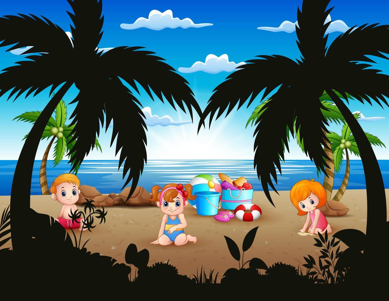 Cartoon little kids sitting on the beach sand vector