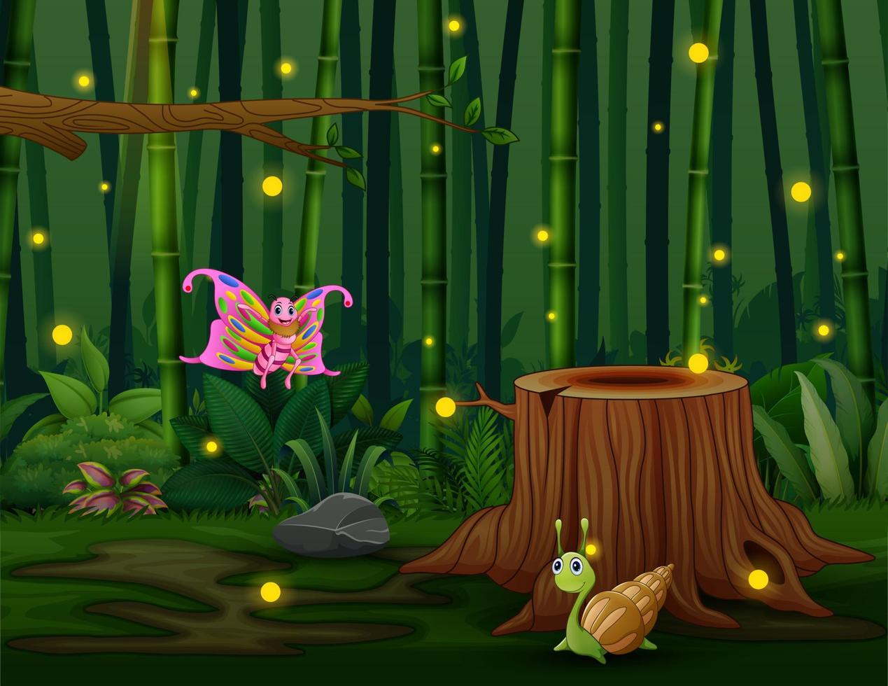 Cartoon of many insects with fireflies in the garden vector