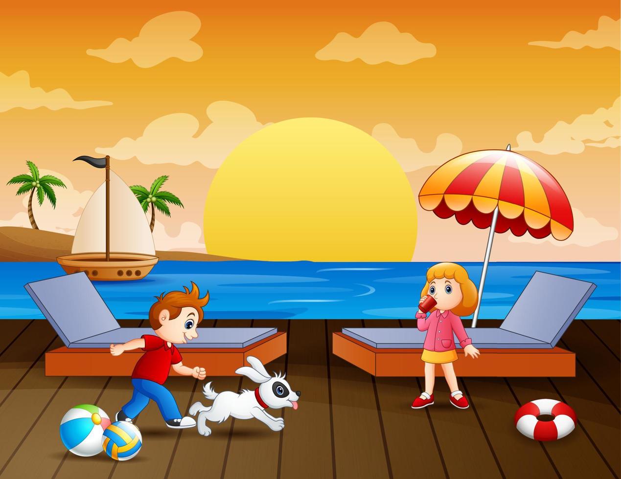 Sea landscape with boy and girl enjoying on the pier vector