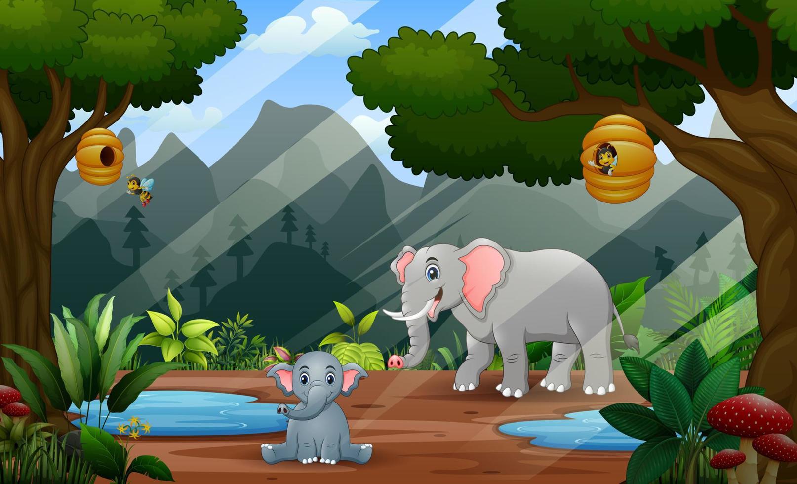 Happy mother elephant with her cub in the jungle illustration vector