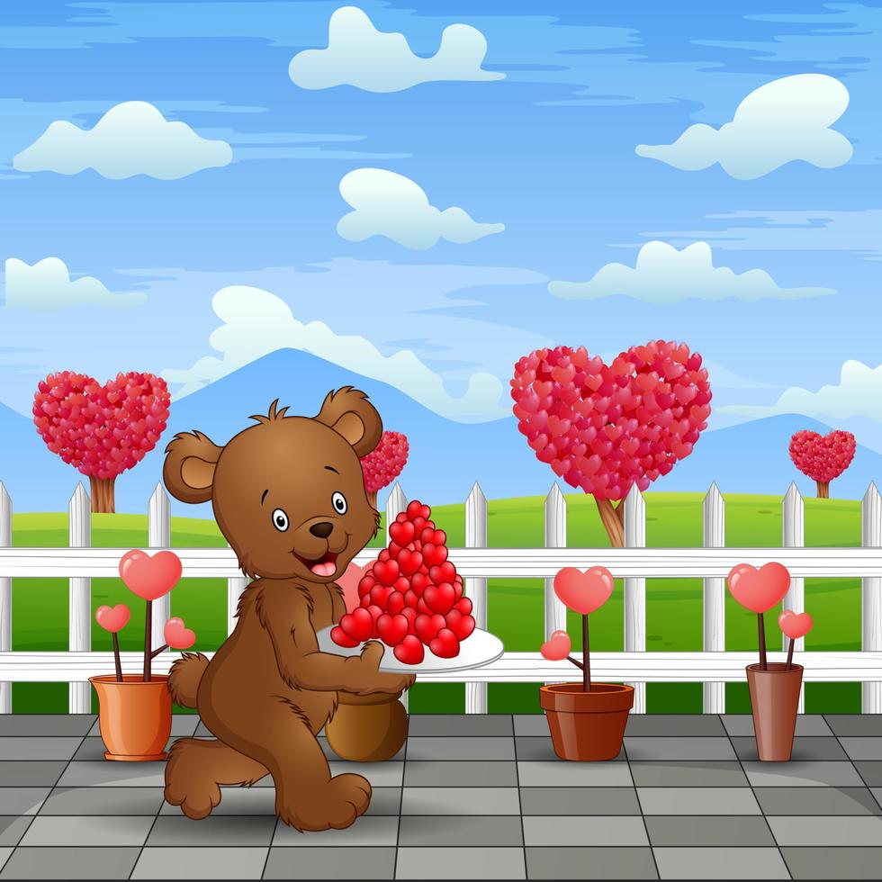 Bear carrying a plate of red heart in road park vector