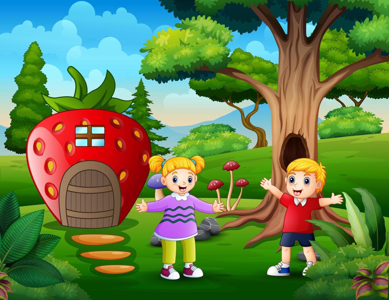 Happy children playing by the fantasy strawberry house vector