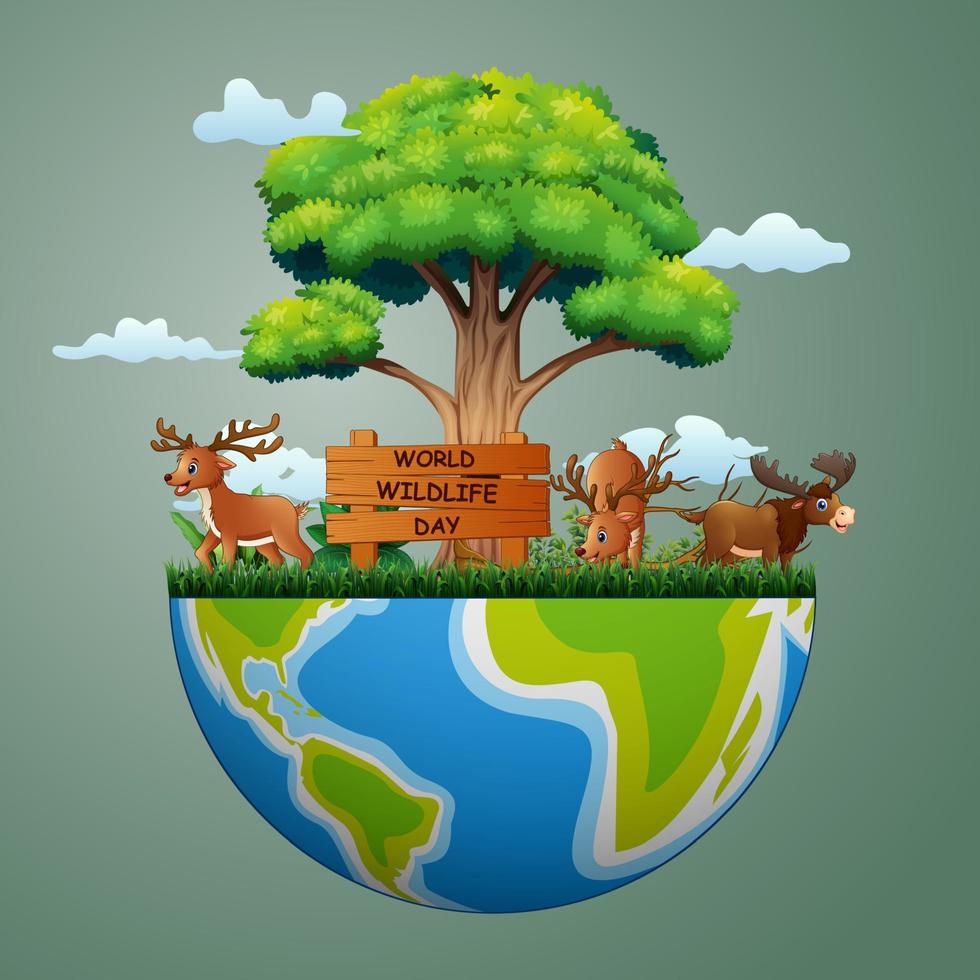 World Wildlife Day sign with deer on the earth vector