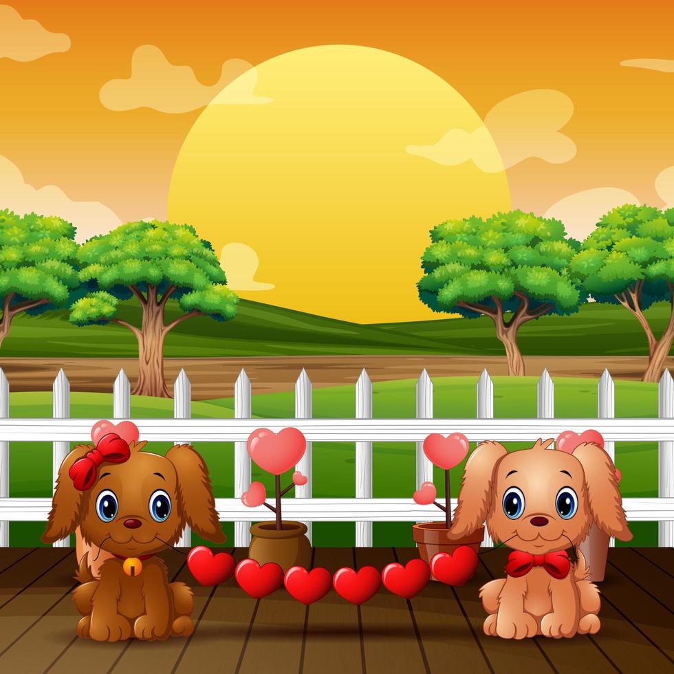 Couple valentine dogs with red heart in the park vector