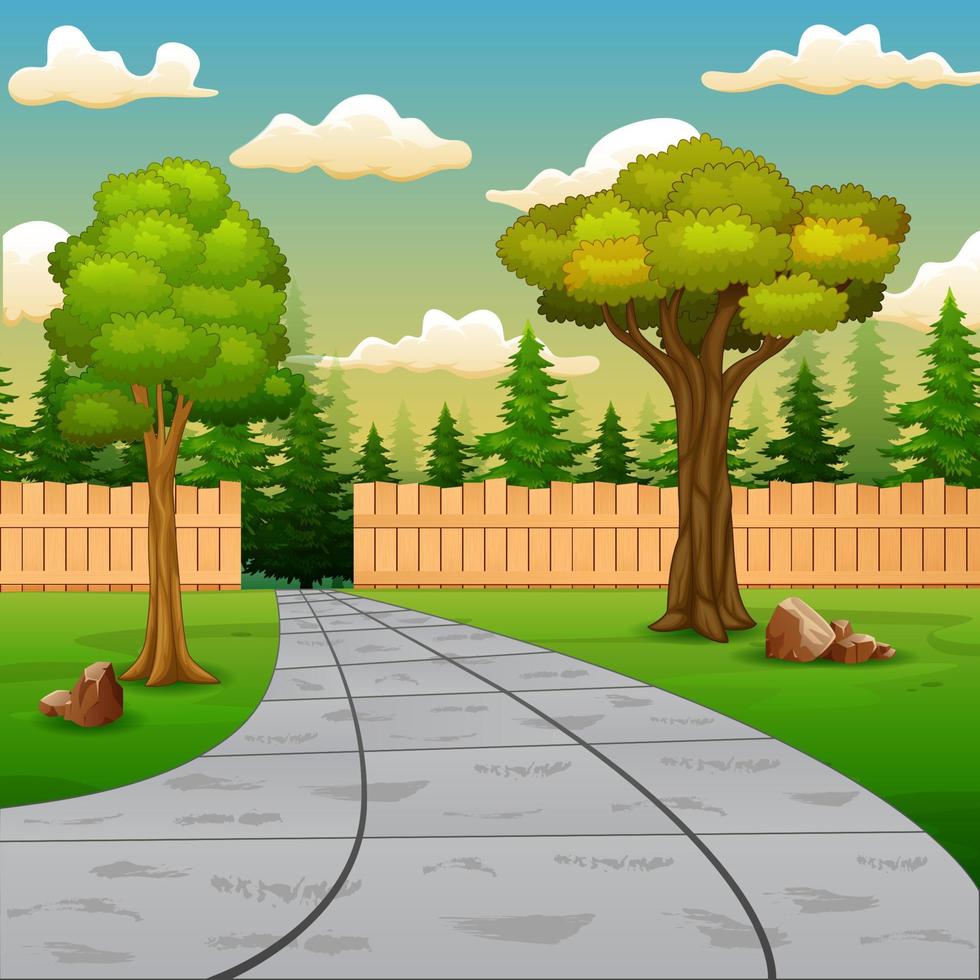 Background scene with road and wooden fence in the green nature vector