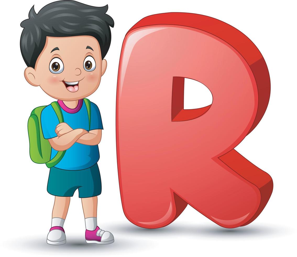 Illustration of alphabet R with a school boy standing vector